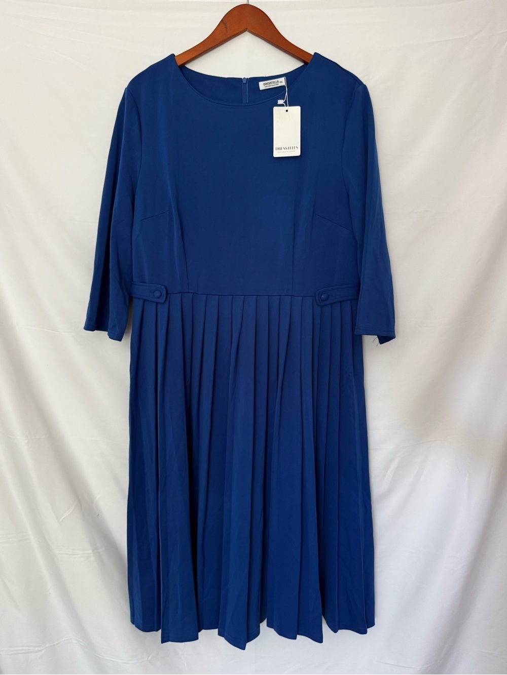 DRESSTELLS Royal Blue Pleated Fit Flare Dress 3/4 Sleeve XXL NWT